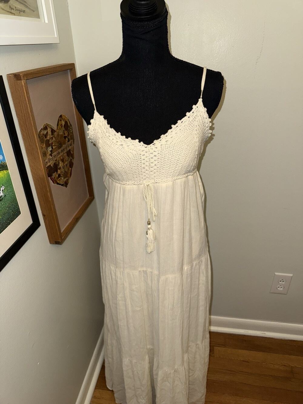 American Eagle Dress Cream Crochet Boho Maxi Lace Knit Tiered Ivory Size XS